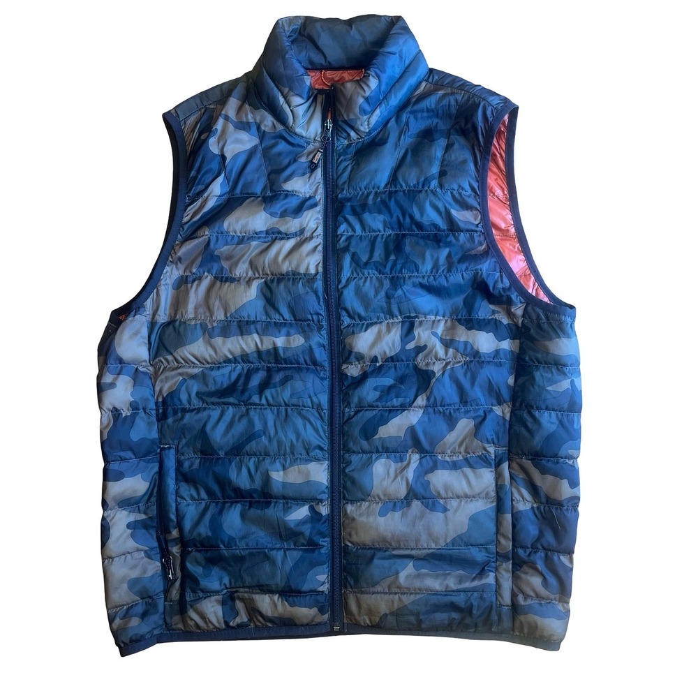 Hawke & Co Sport Mens Blue Camouflage Puffer Vest Orange Lining Down Blend